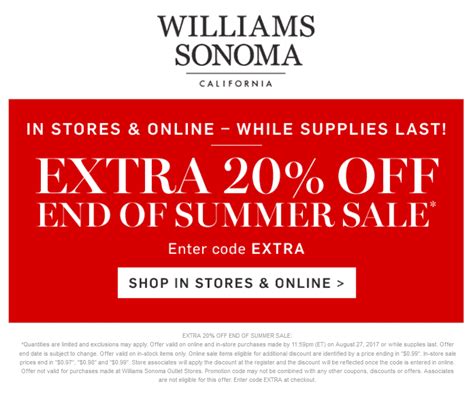 Williams sonoma coupon - Find the latest deals and discounts on cookware, cutlery, housewares and more at Williams Sonoma. Save up to 75% off clearance items, get extra 20% off with code, …